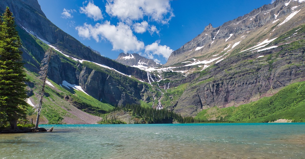 Grinnell Lake with Grinnell Falls, Glacier National Park, Many Glacier region
