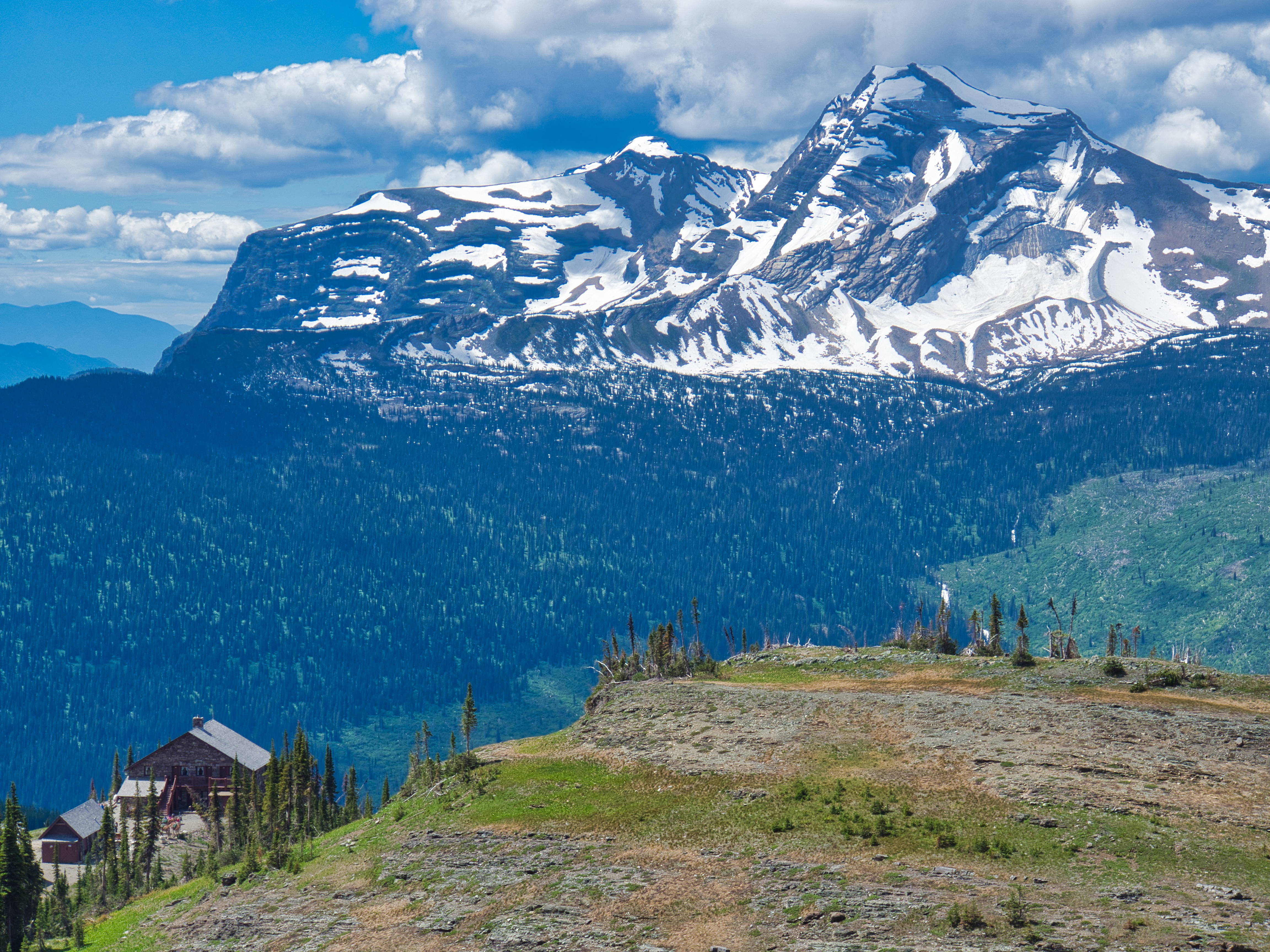 Heavens Peak with Granite Park Chalet from Trail to Swiftcurrent Pass, Glacier National Park