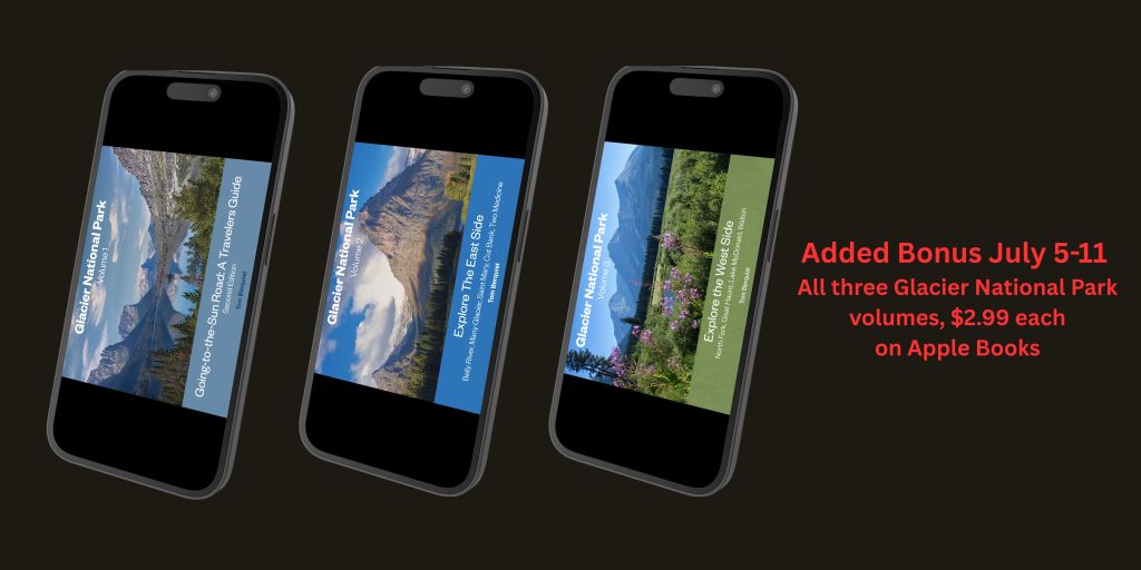 Three iPhones each featuring a cover from the three-volume Glacier National Park hiking series by Tom Berquist.